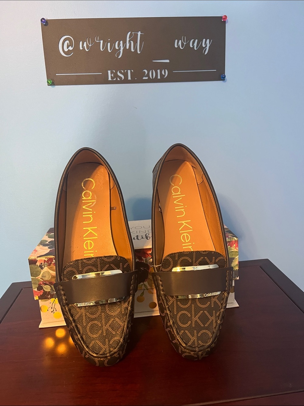 Calvin Klein Brown Monogram Loafers with Metallic Trim, Size 10